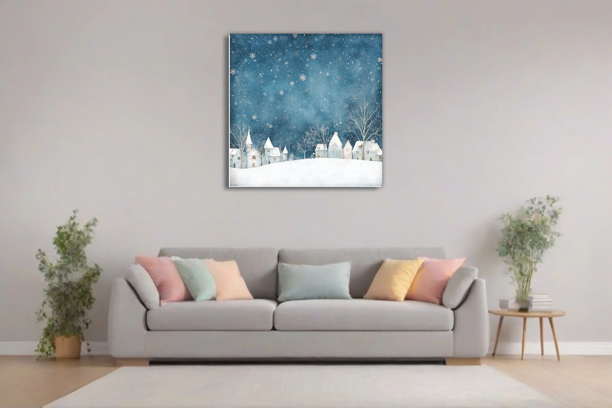 Watercolor-style winter village scene, teal night sky with falling snowflakes and snowy rooftops
