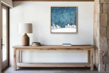 Watercolor-style winter village scene, teal night sky with falling snowflakes and snowy rooftops