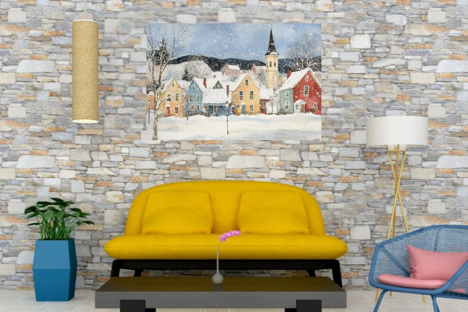 Folk-art winter village scene with colorful houses, church steeple, and falling snow in a painterly style.