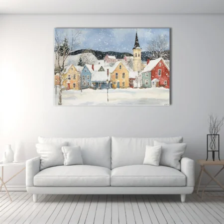 Folk-art winter village scene with colorful houses, church steeple, and falling snow in a painterly style.