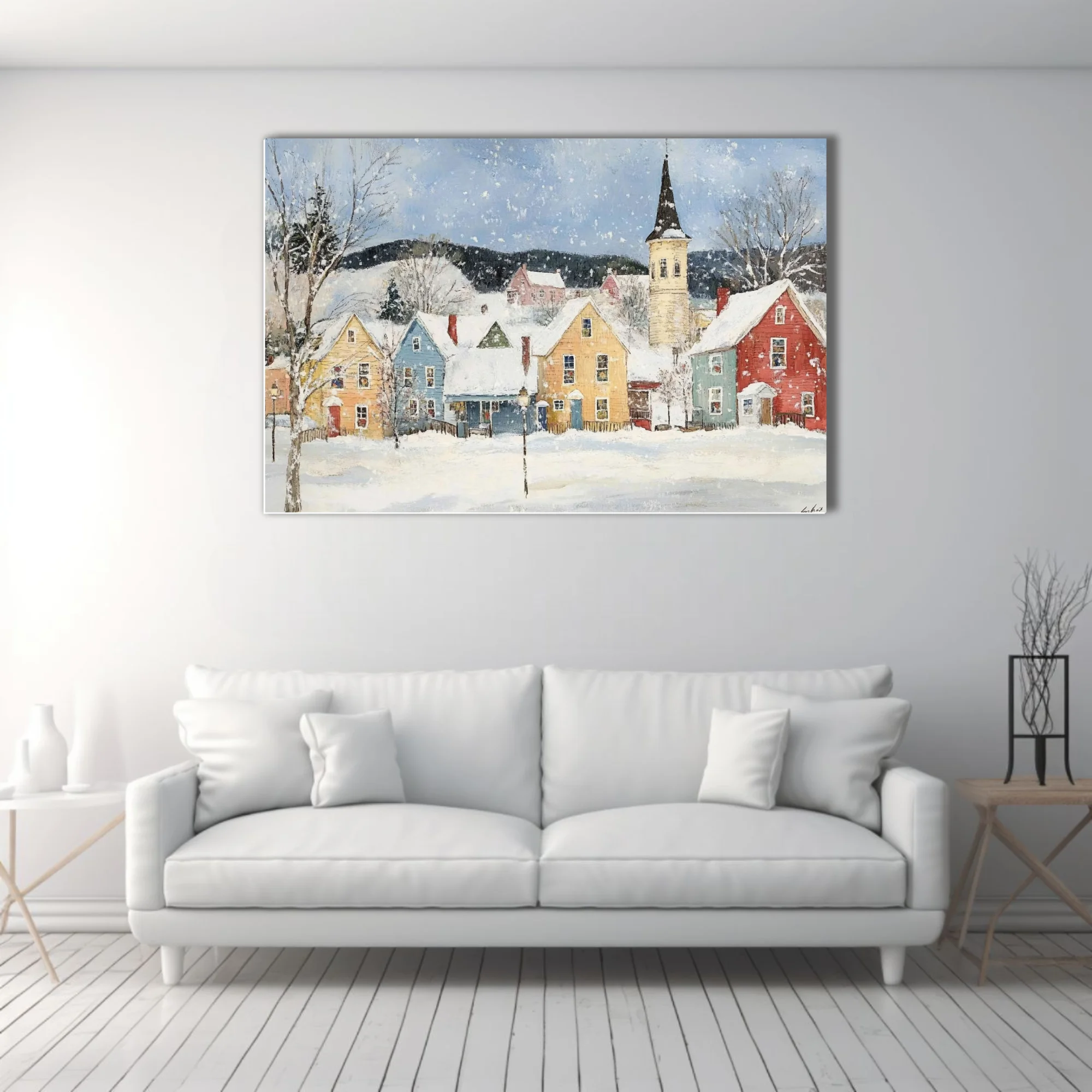 Folk-art winter village scene with colorful houses, church steeple, and falling snow in a painterly style.