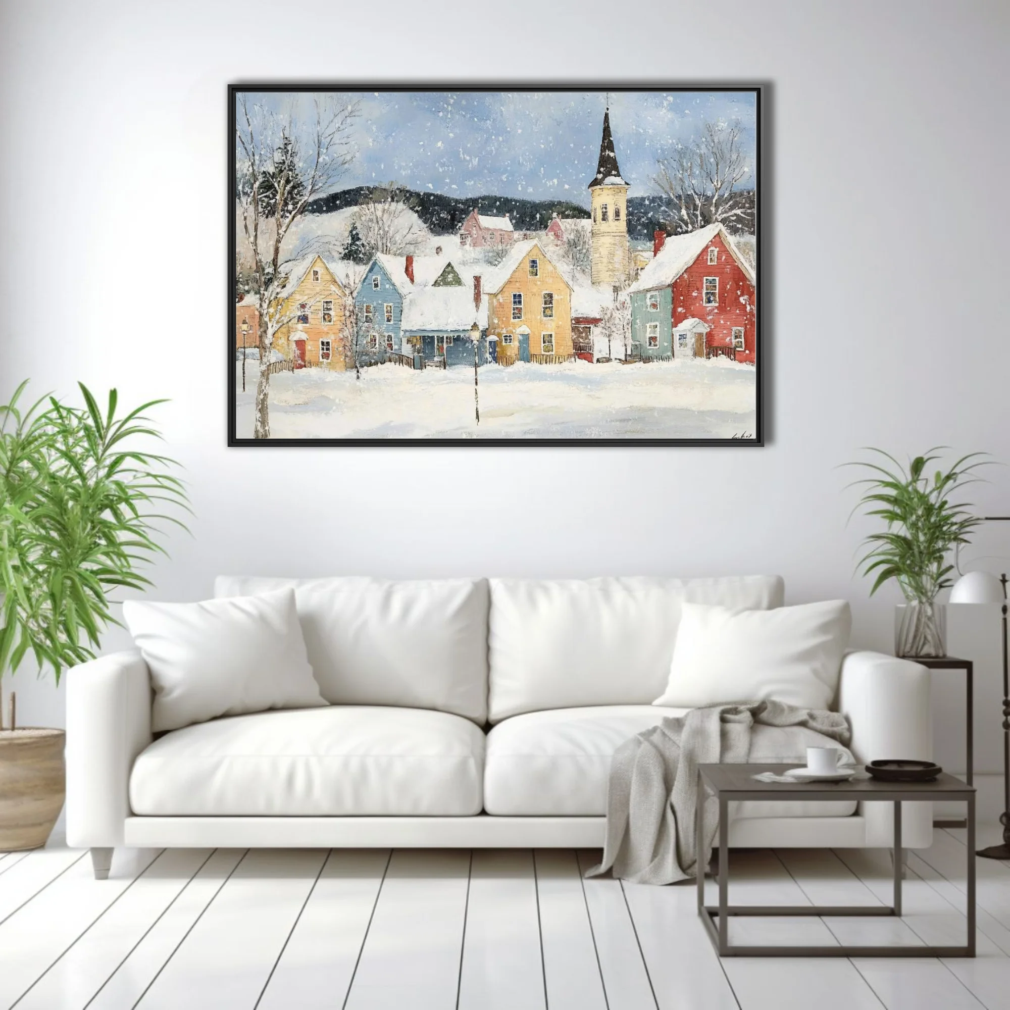 Folk-art winter village scene with colorful houses, church steeple, and falling snow in a painterly style.