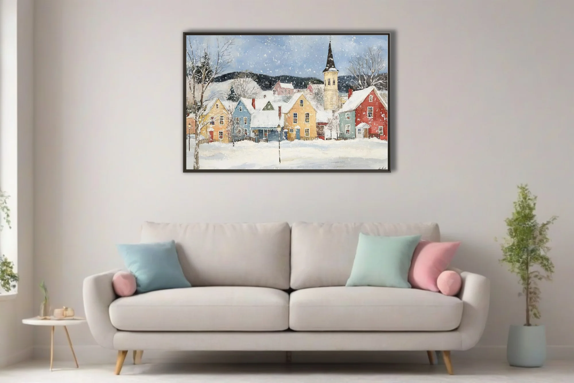 Folk-art winter village scene with colorful houses, church steeple, and falling snow in a painterly style.