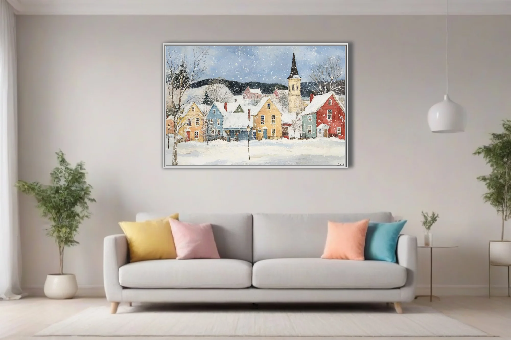 Folk-art winter village scene with colorful houses, church steeple, and falling snow in a painterly style.
