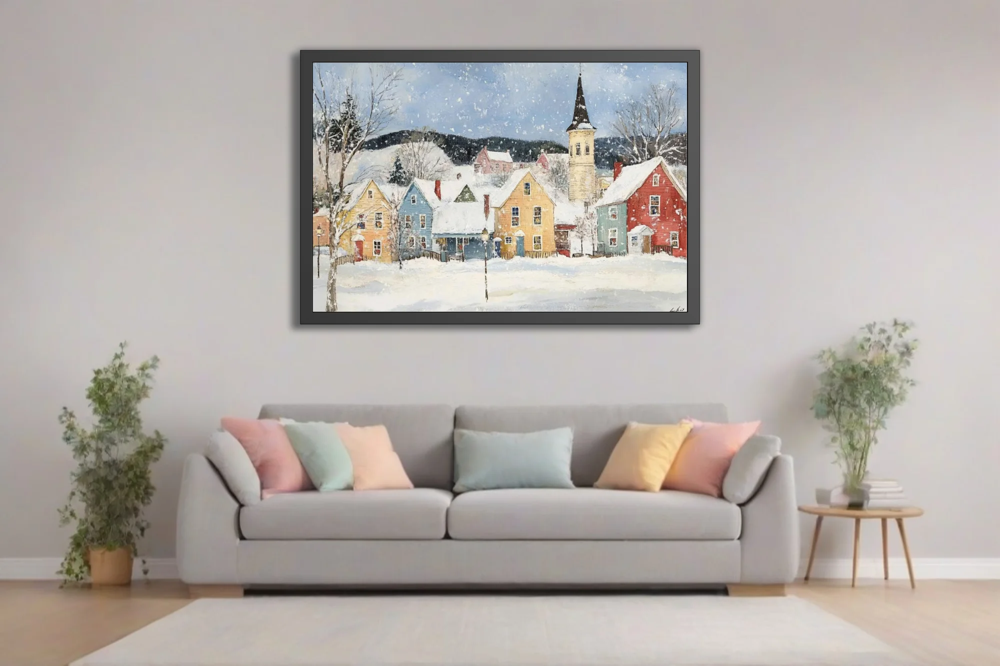 Folk-art winter village scene with colorful houses, church steeple, and falling snow in a painterly style.