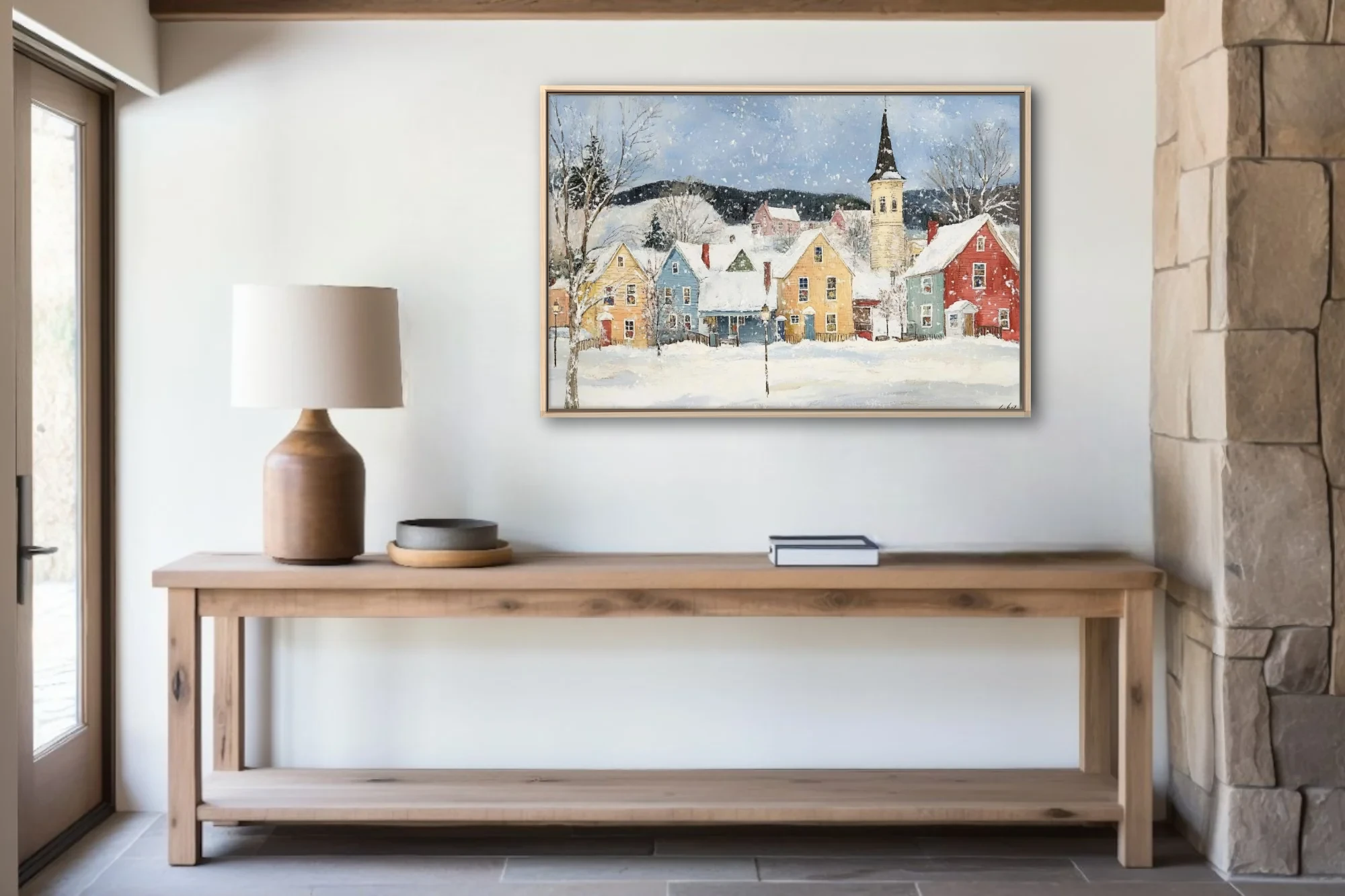 Folk-art winter village scene with colorful houses, church steeple, and falling snow in a painterly style.
