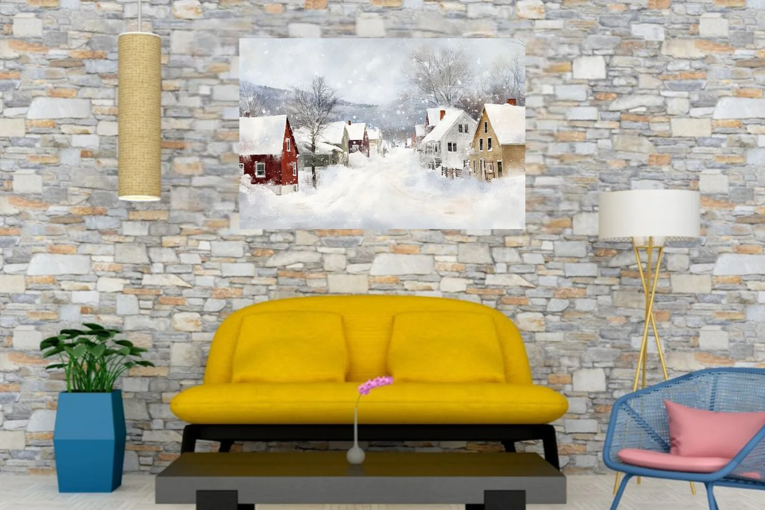 Snowy village landscape in watercolor-style washes with red and ochre houses, bare trees, and drifting snow