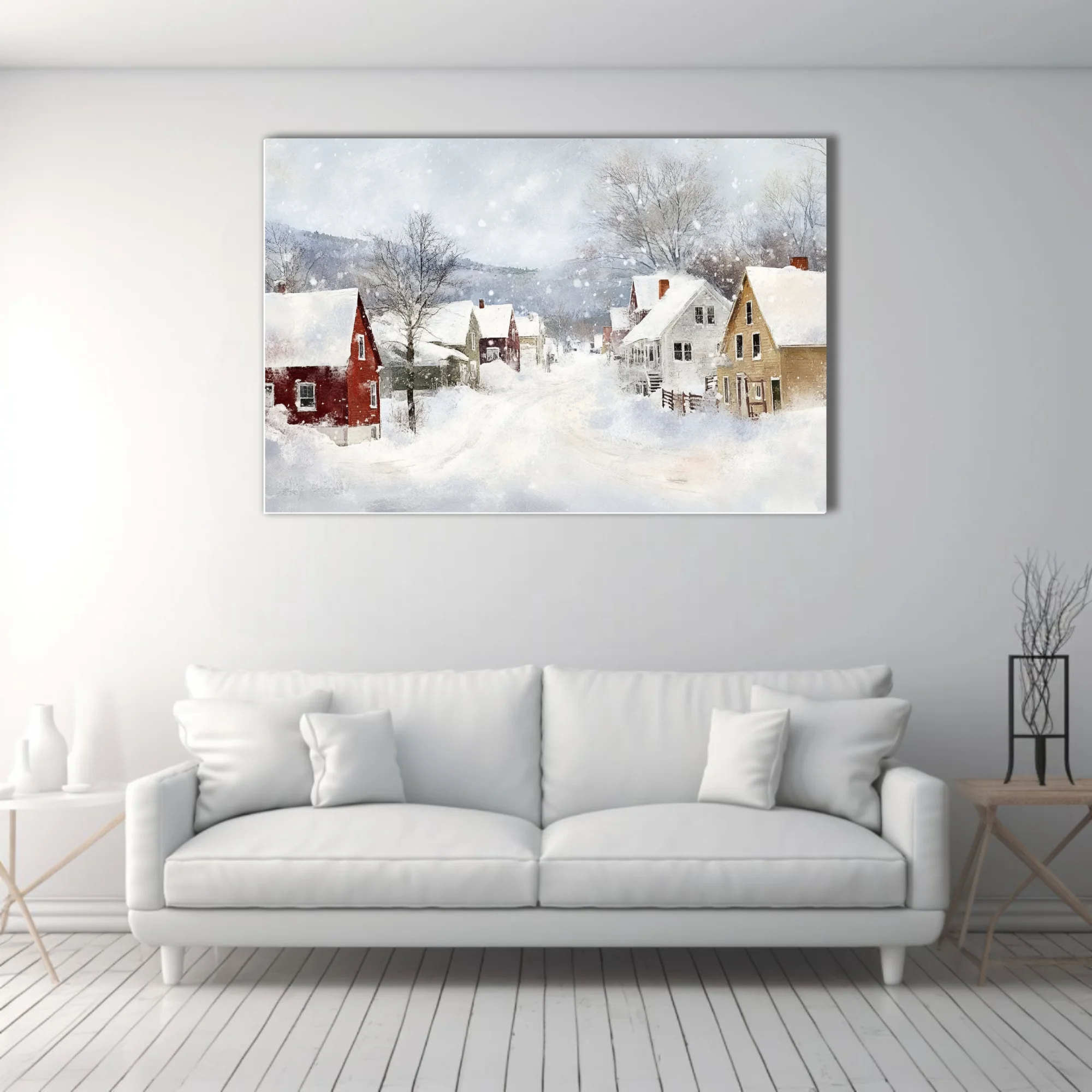 Snowy village landscape in watercolor-style washes with red and ochre houses, bare trees, and drifting snow