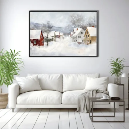 Snowy village landscape in watercolor-style washes with red and ochre houses, bare trees, and drifting snow