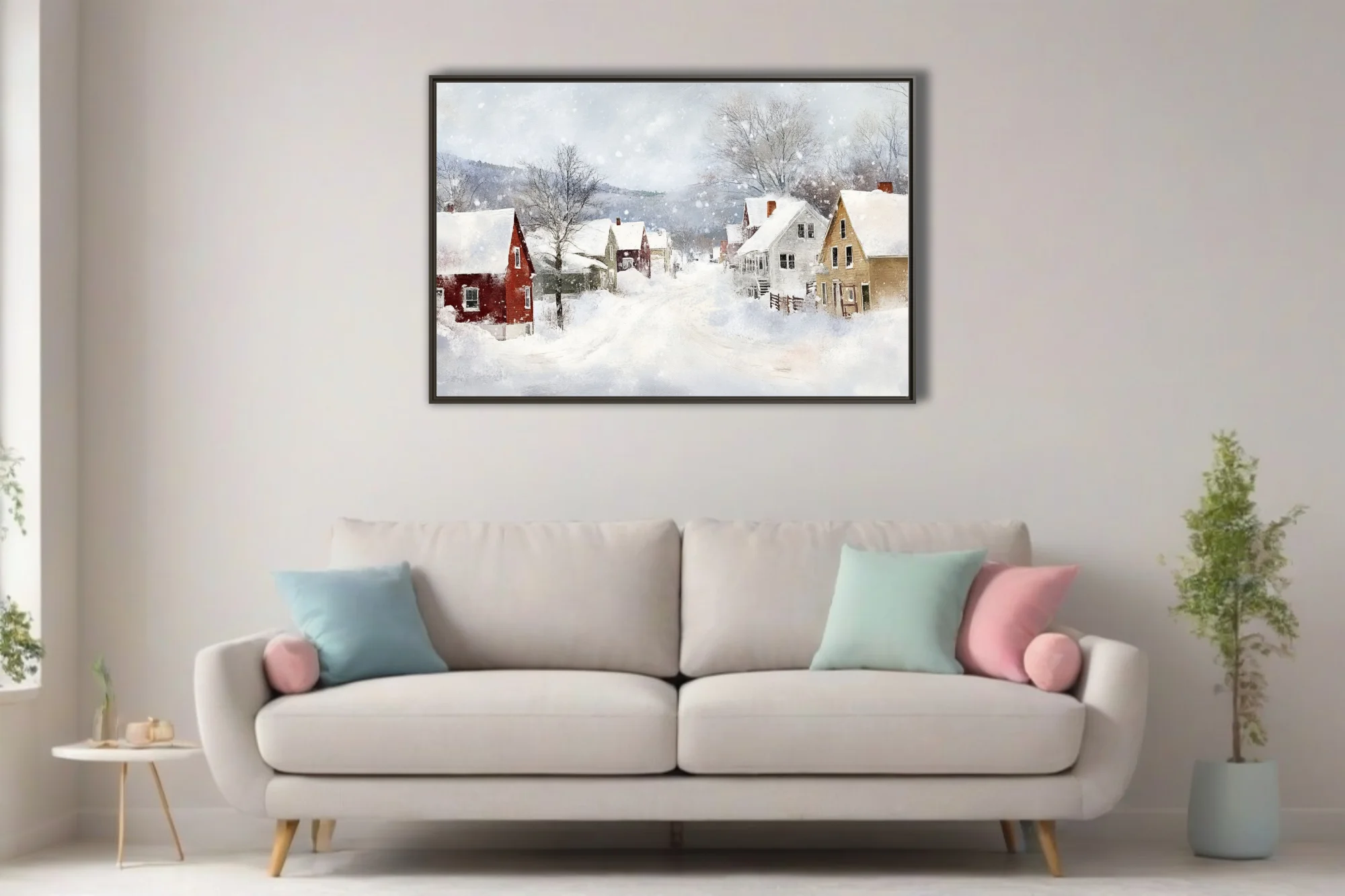 Snowy village landscape in watercolor-style washes with red and ochre houses, bare trees, and drifting snow