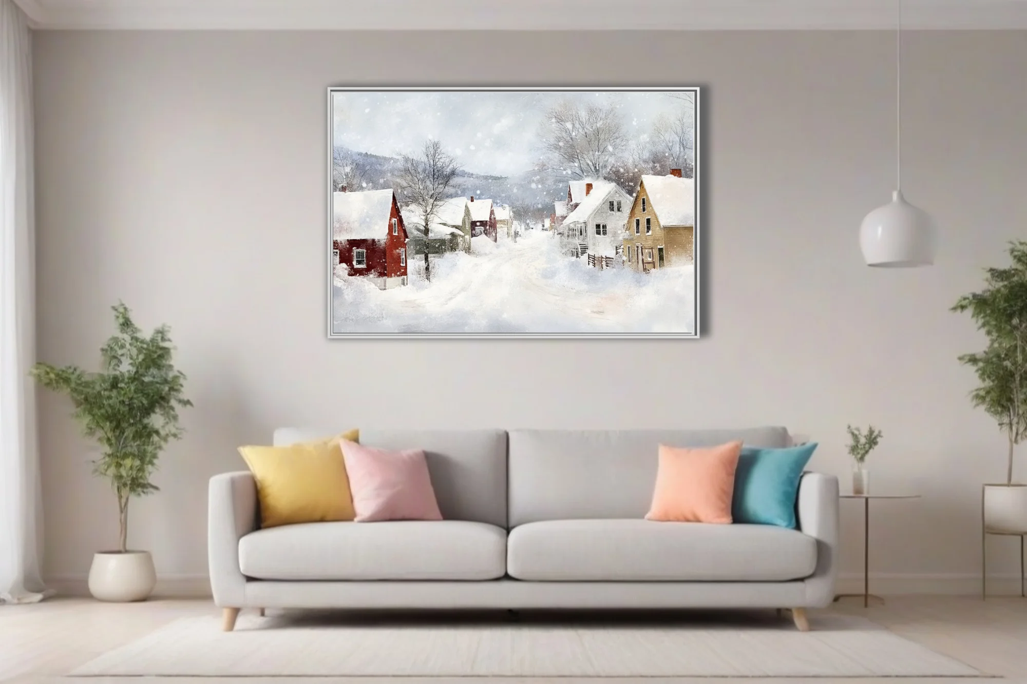 Snowy village landscape in watercolor-style washes with red and ochre houses, bare trees, and drifting snow