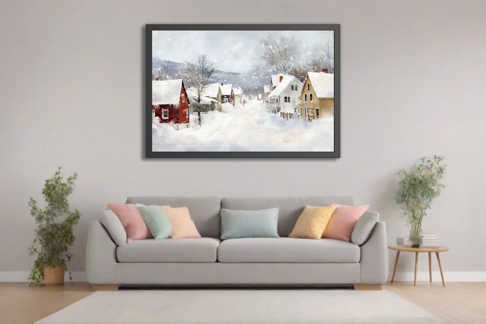 Snowy village landscape in watercolor-style washes with red and ochre houses, bare trees, and drifting snow