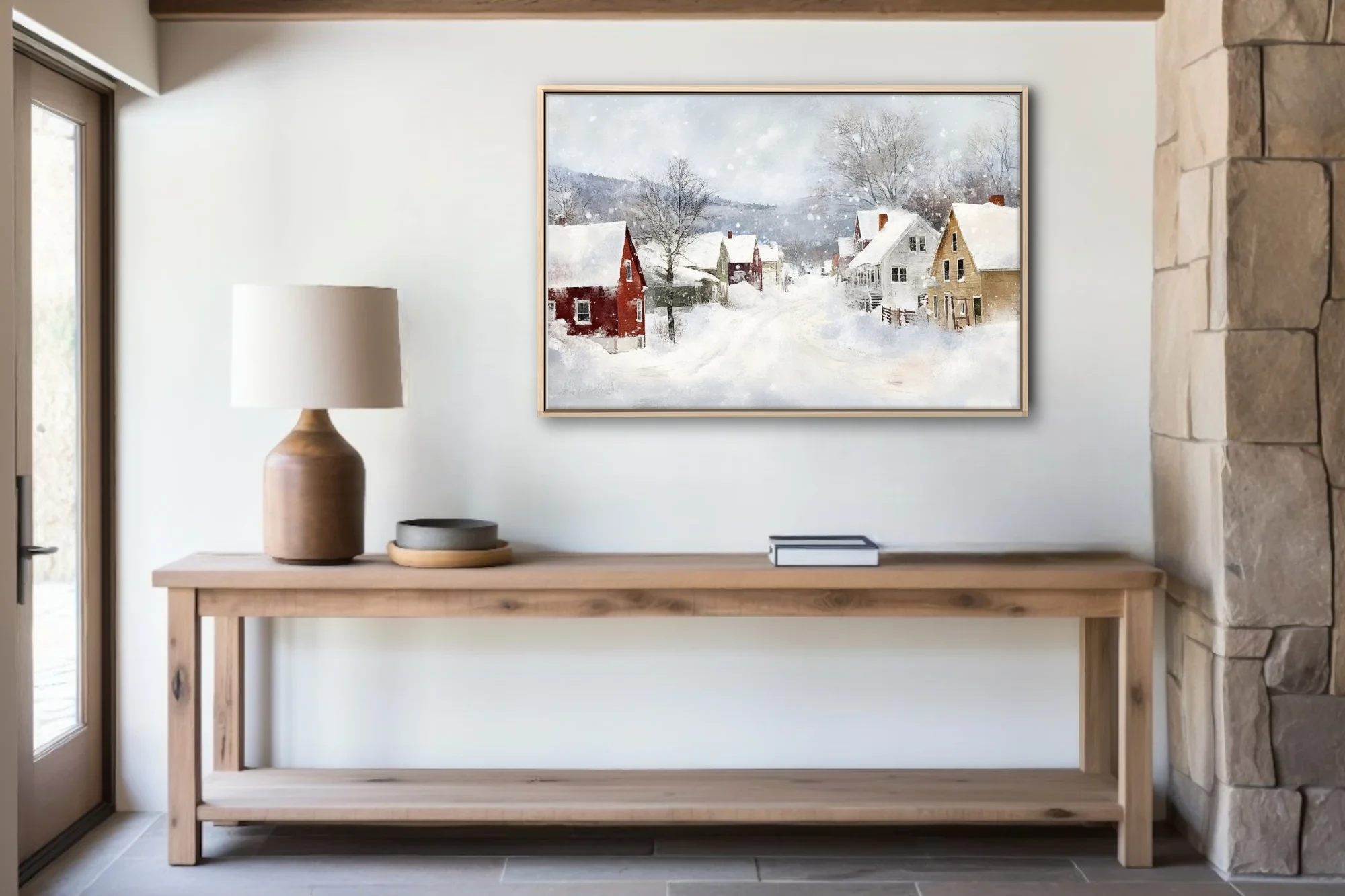 Snowy village landscape in watercolor-style washes with red and ochre houses, bare trees, and drifting snow