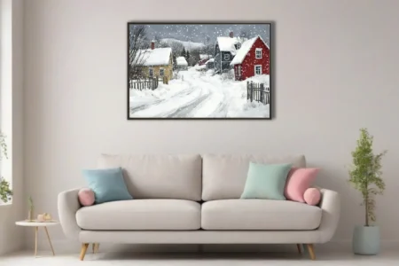 Winter village scene with snow-covered homes and falling snow in muted tones