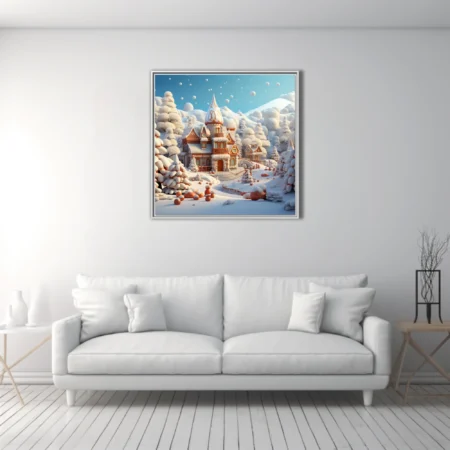 Stylized fairytale winter village with snowy trees and turreted manor, warm terracotta tones