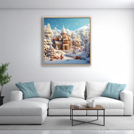 Stylized fairytale winter village with snowy trees and turreted manor, warm terracotta tones