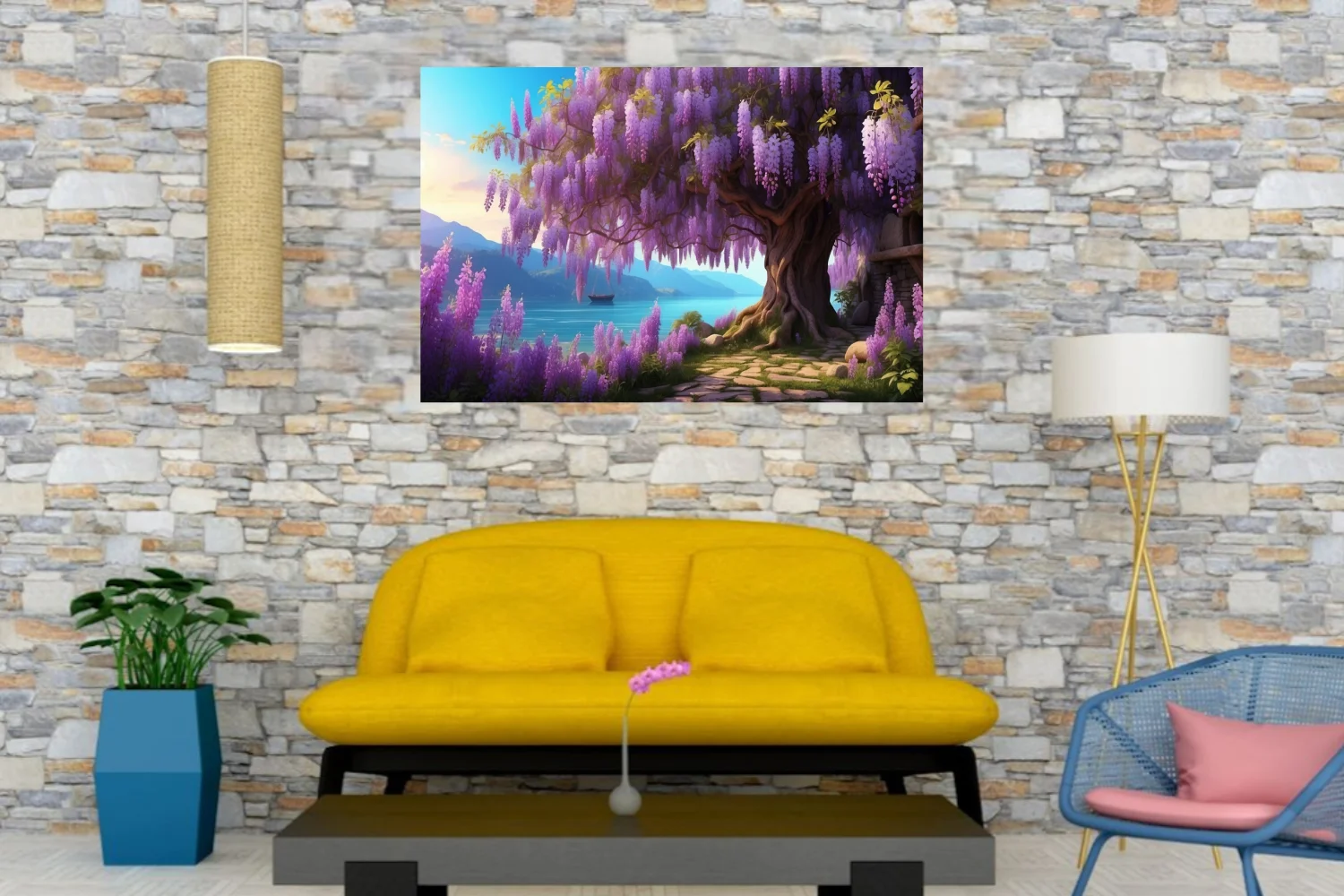Fantasy wisteria tree with cascading purple blooms beside a glowing turquoise lake