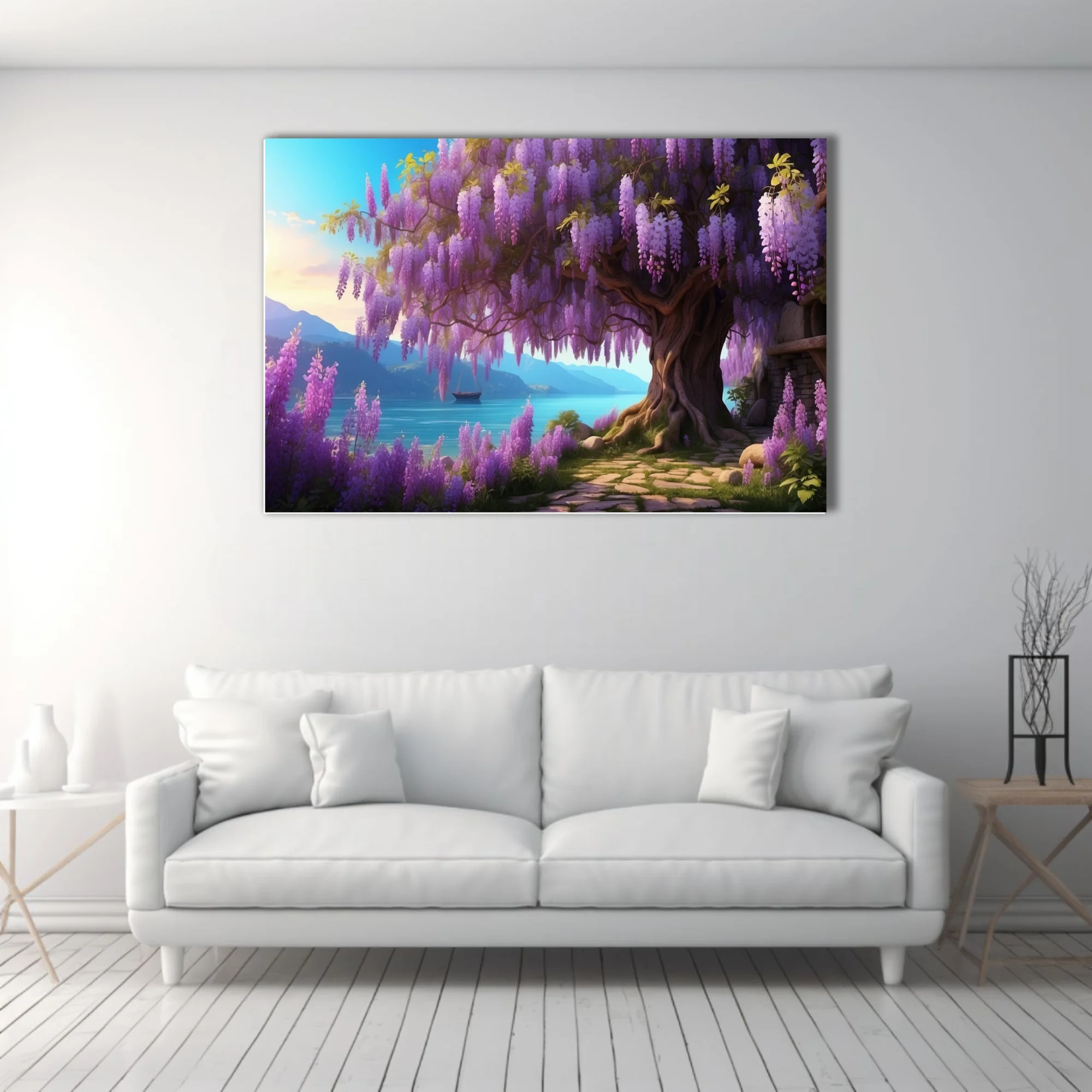 Fantasy wisteria tree with cascading purple blooms beside a glowing turquoise lake