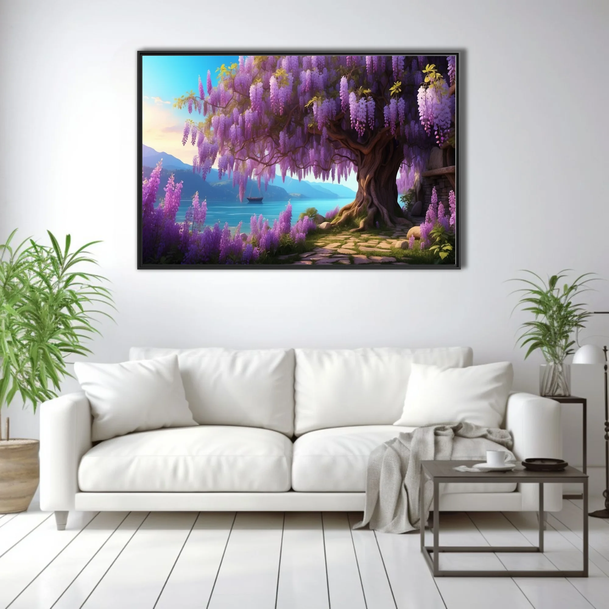 Fantasy wisteria tree with cascading purple blooms beside a glowing turquoise lake