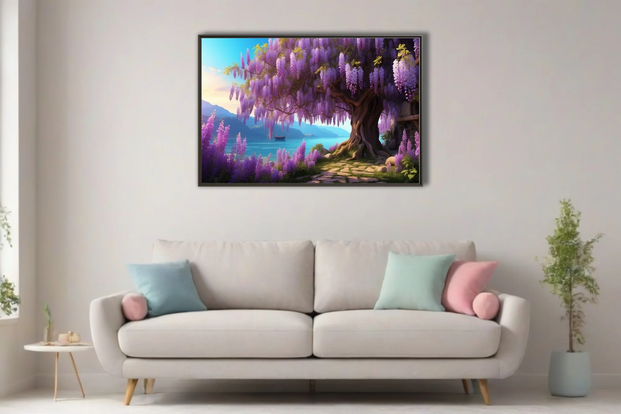 Fantasy wisteria tree with cascading purple blooms beside a glowing turquoise lake