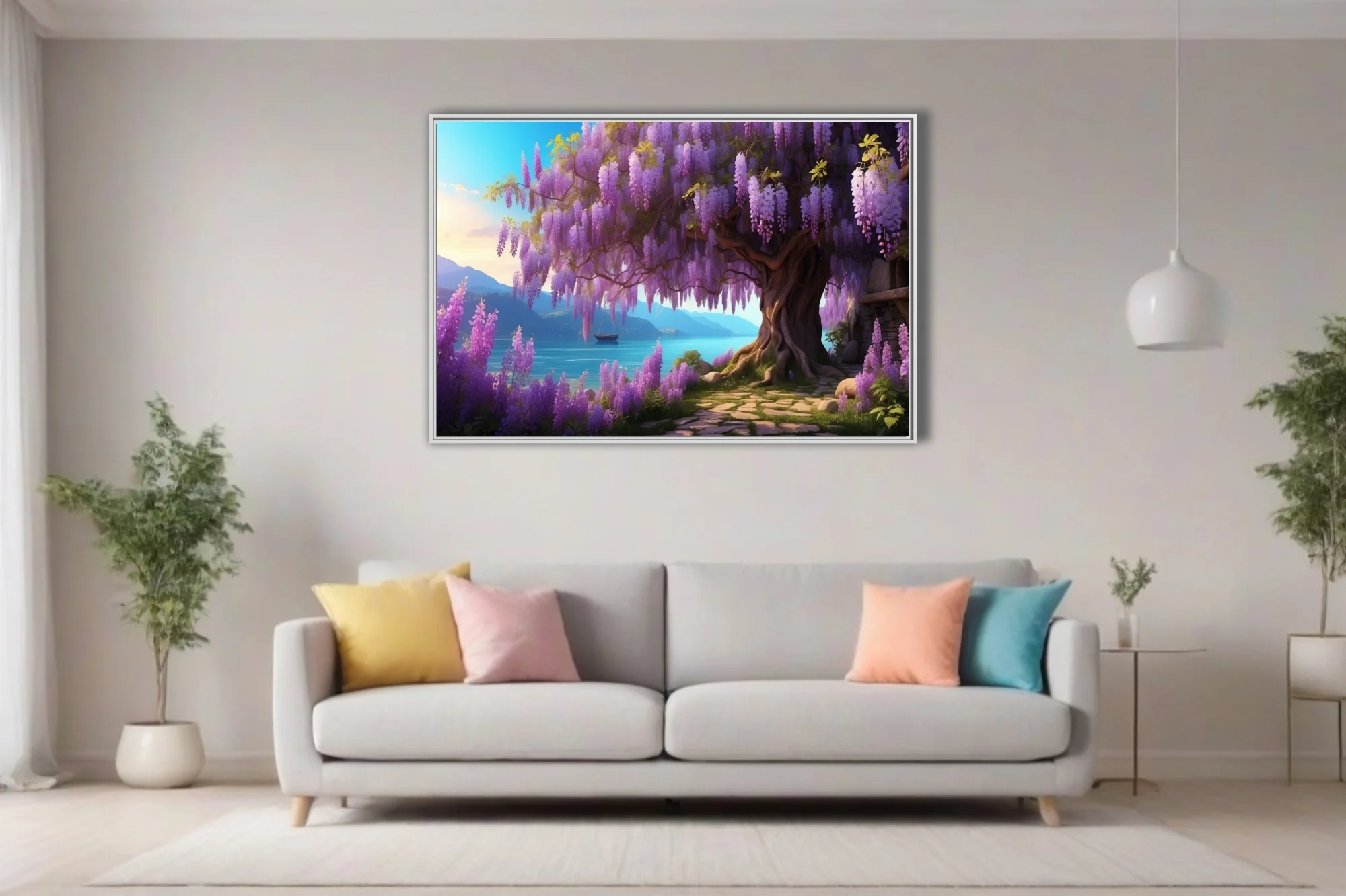 Fantasy wisteria tree with cascading purple blooms beside a glowing turquoise lake