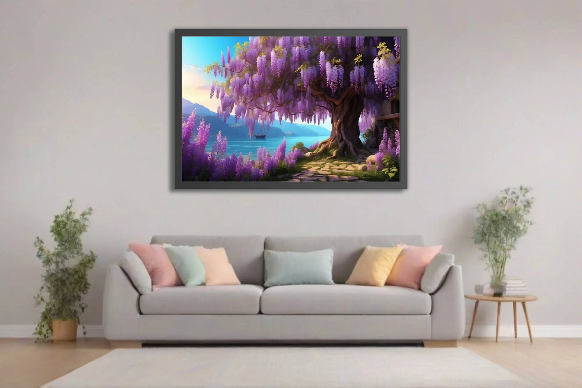 Fantasy wisteria tree with cascading purple blooms beside a glowing turquoise lake