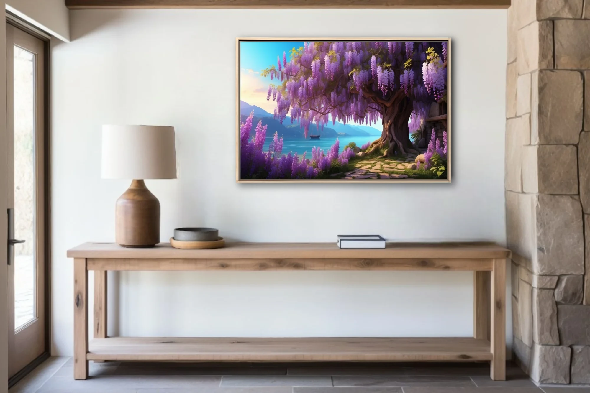 Fantasy wisteria tree with cascading purple blooms beside a glowing turquoise lake
