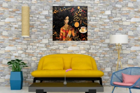 Boho portrait of a woman with patterned robe, botanical motifs, and decorative coffee cup on black