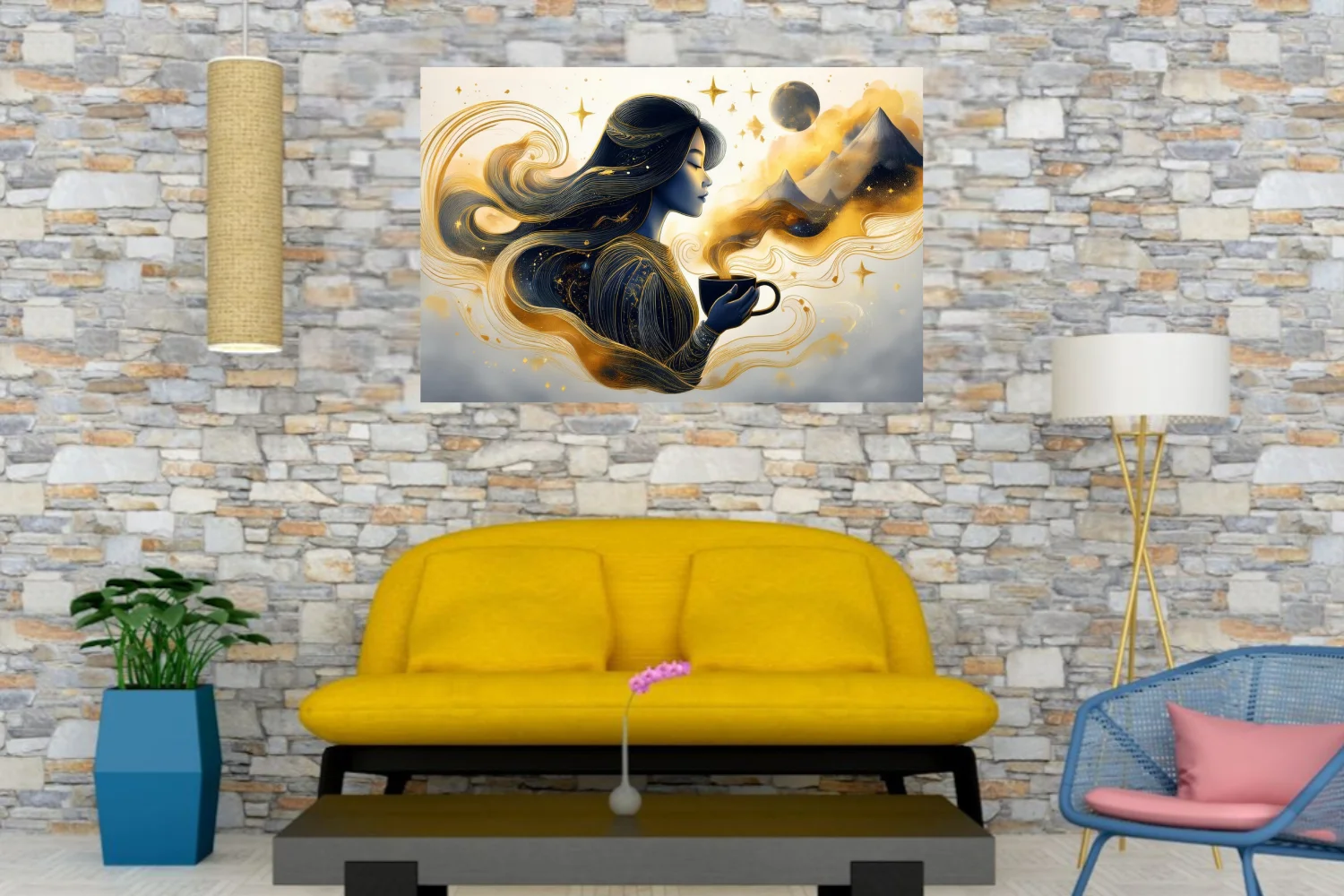 Fantasy ink-style woman with coffee cup, navy and gold celestial swirls