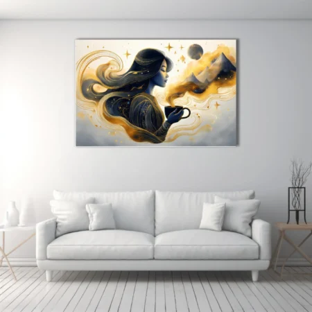 Fantasy ink-style woman with coffee cup, navy and gold celestial swirls
