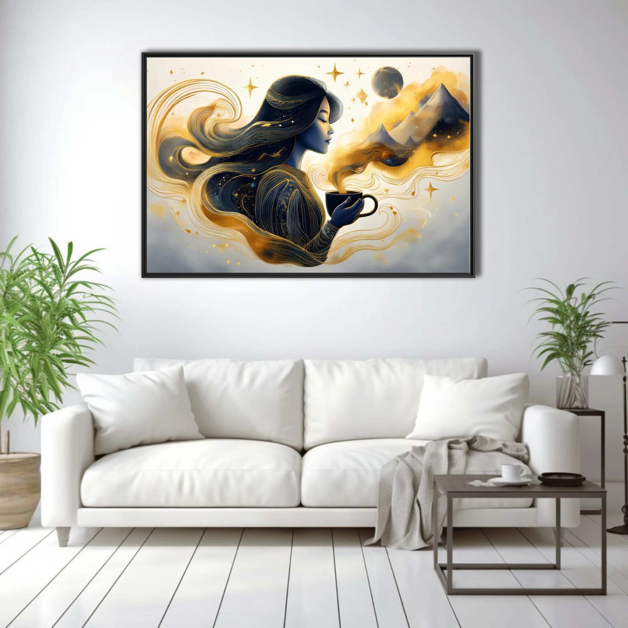 Fantasy ink-style woman with coffee cup, navy and gold celestial swirls