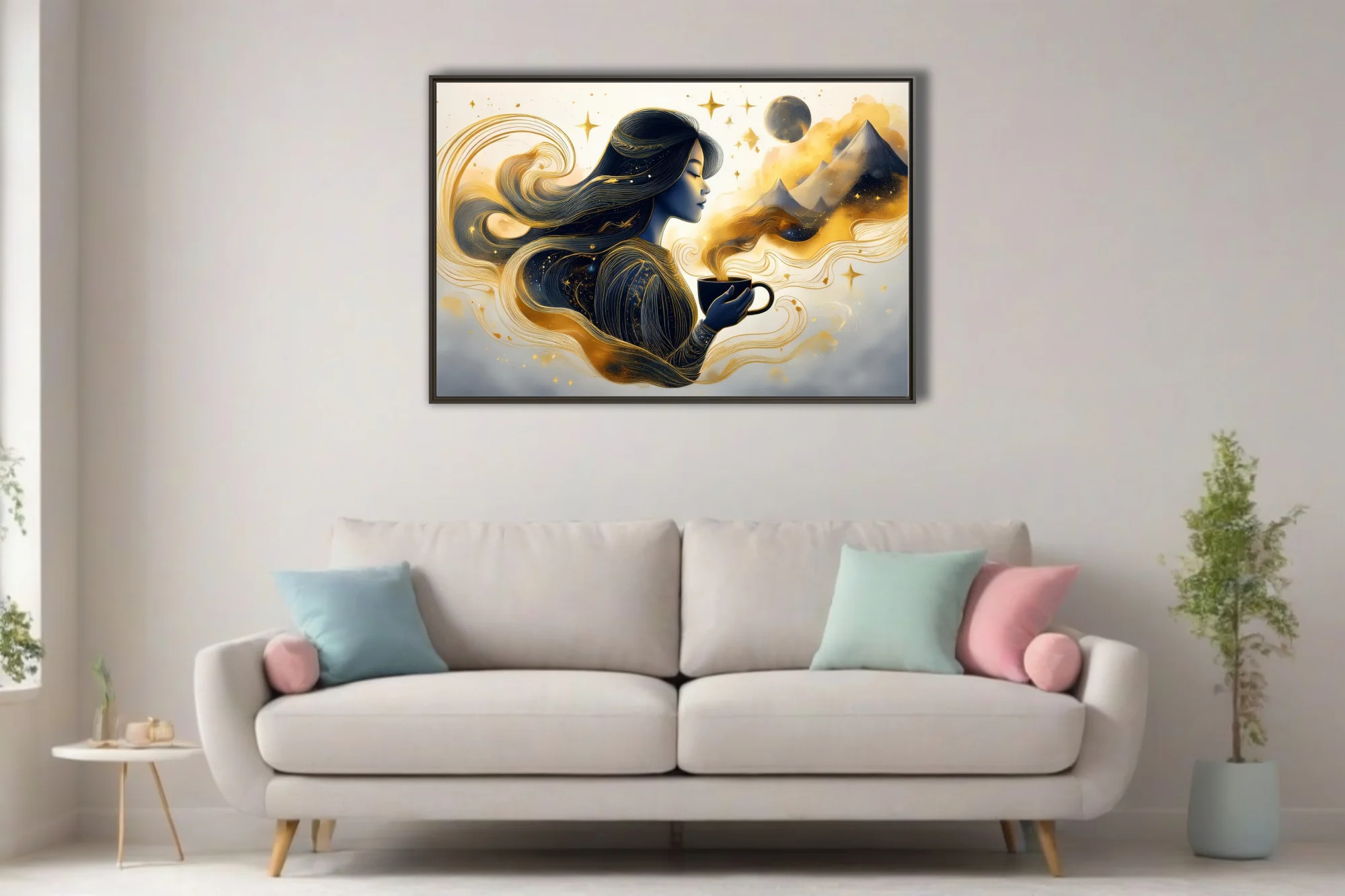Fantasy ink-style woman with coffee cup, navy and gold celestial swirls