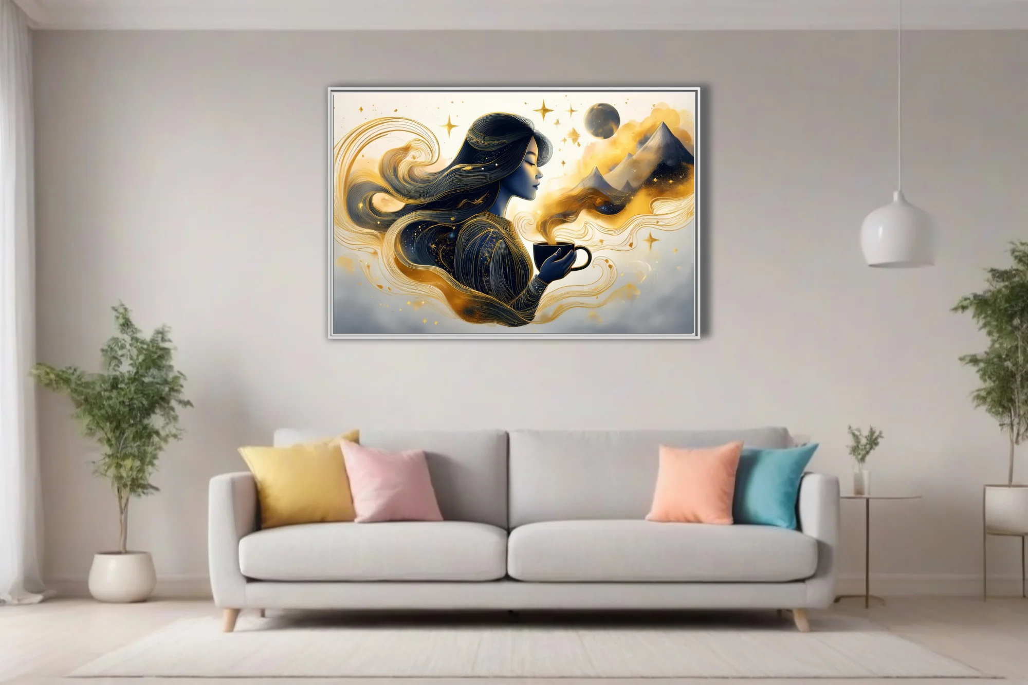 Fantasy ink-style woman with coffee cup, navy and gold celestial swirls