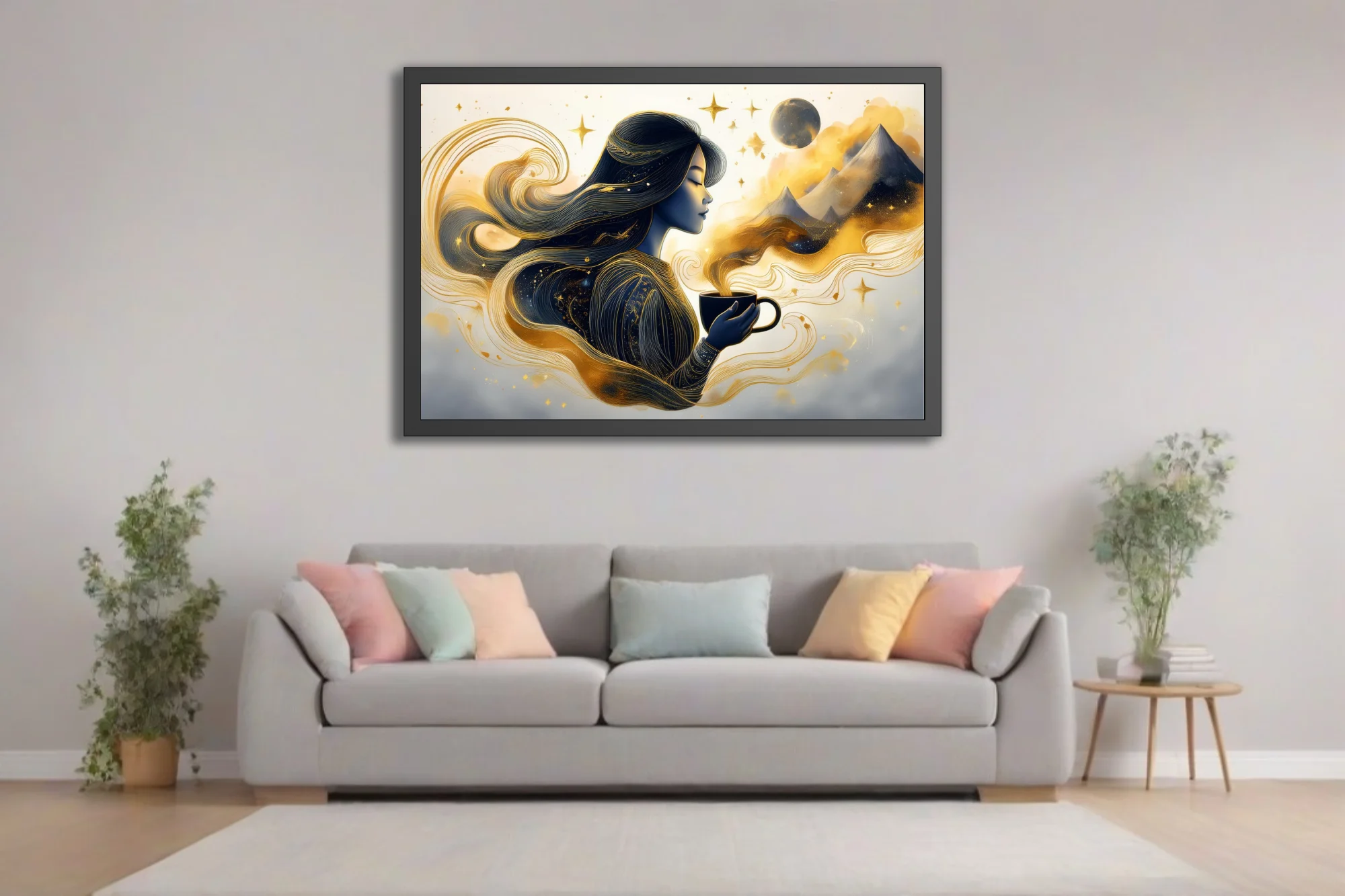 Fantasy ink-style woman with coffee cup, navy and gold celestial swirls