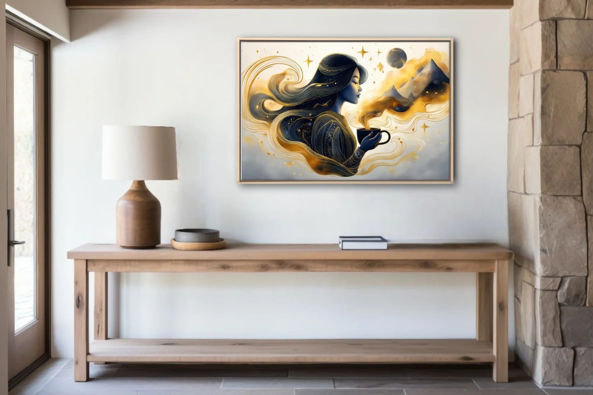 Fantasy ink-style woman with coffee cup, navy and gold celestial swirls