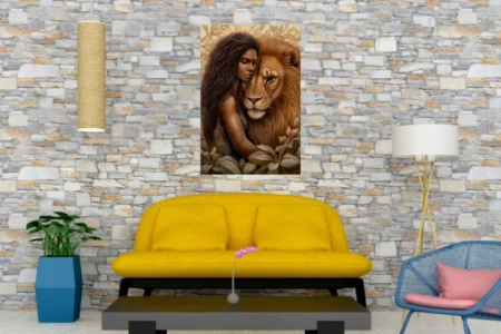 Fantasy illustration of a woman and lion in intimate communion, warm amber tones