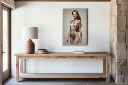 Stylized nude figure study with vivid painterly color swatches across skin on a soft neutral backdrop
