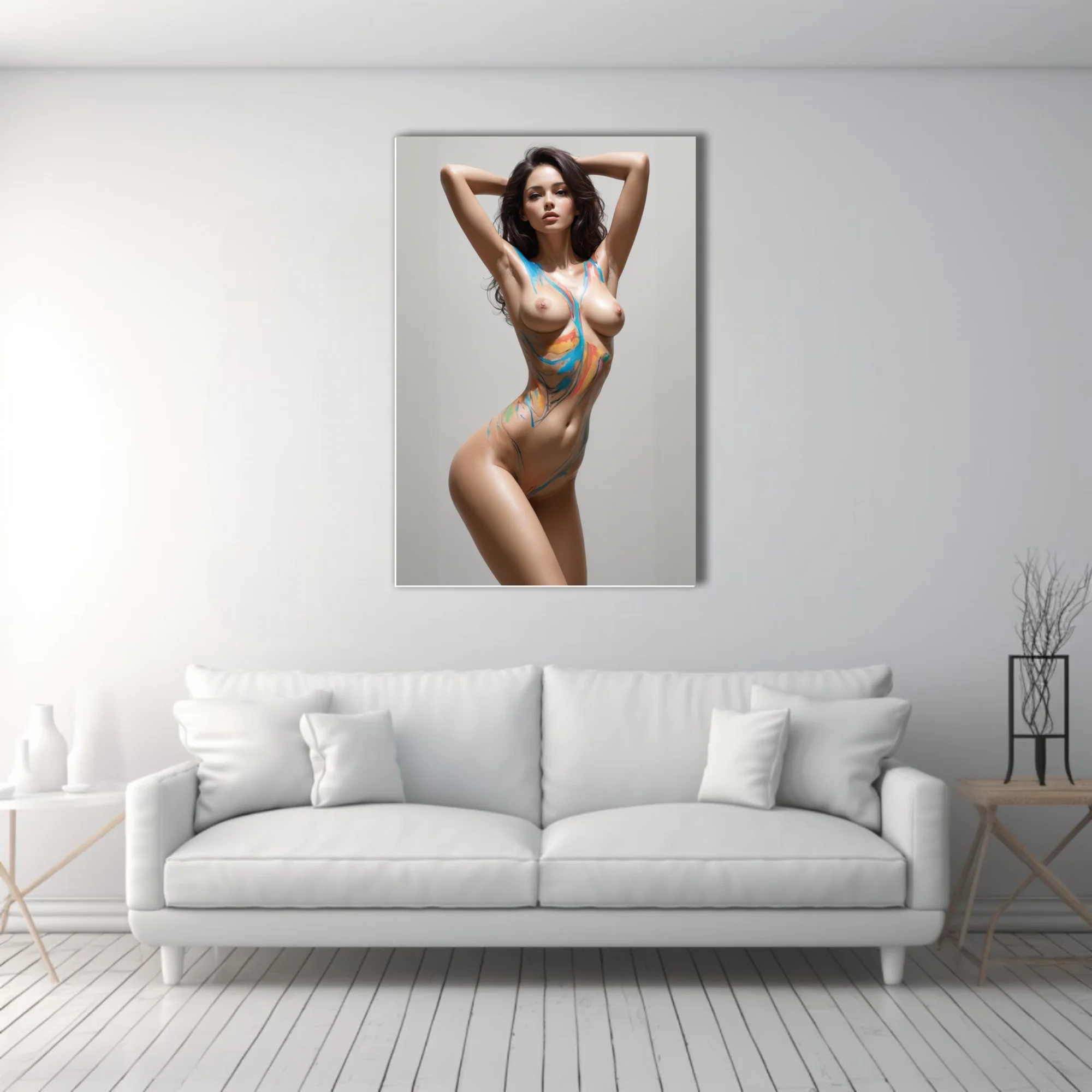 Body-paint figure study, vibrant abstract strokes on skin, neutral background