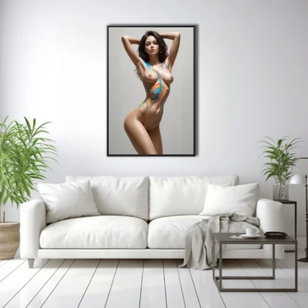 Body-paint figure study, vibrant abstract strokes on skin, neutral background
