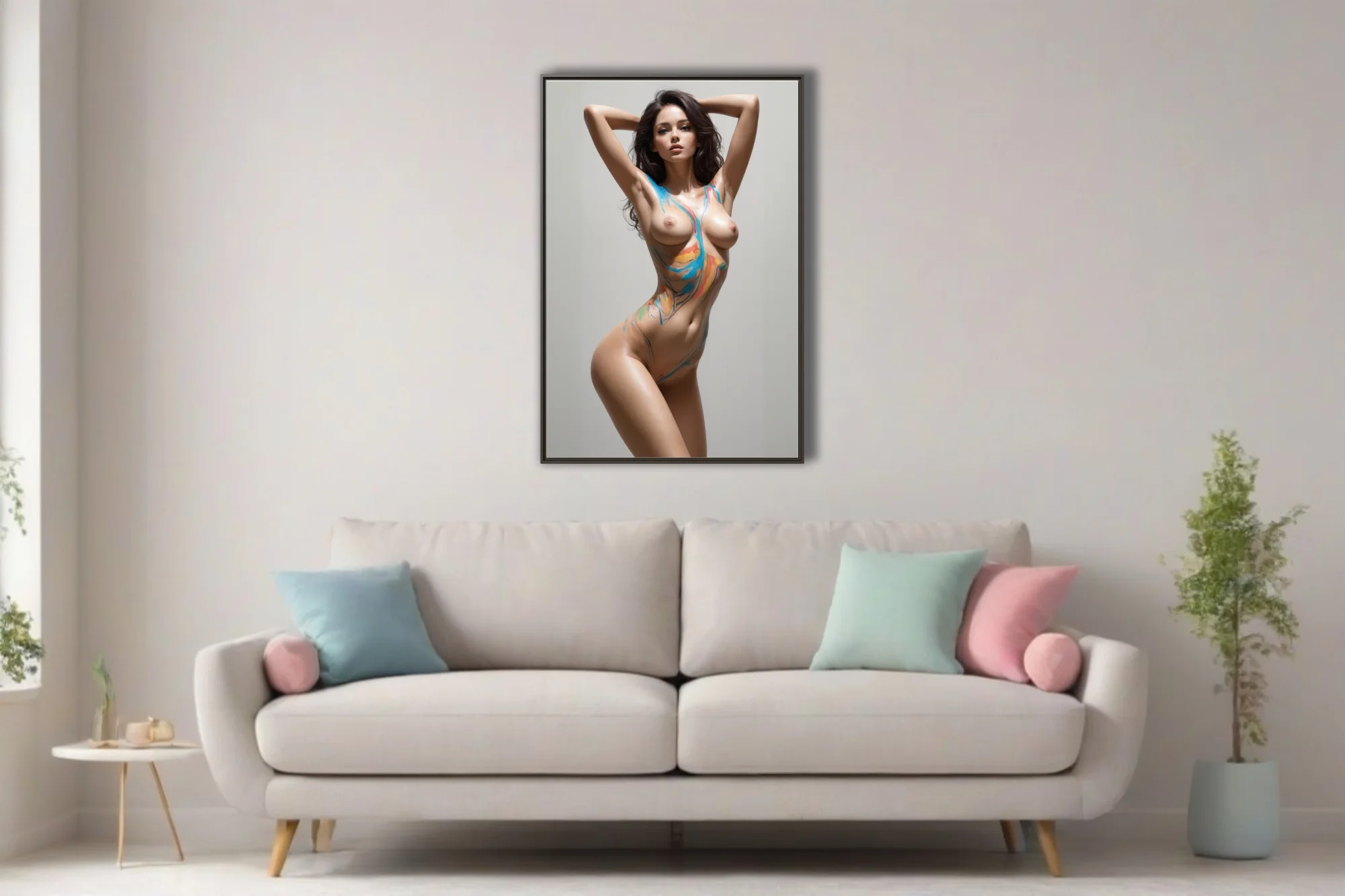 Body-paint figure study, vibrant abstract strokes on skin, neutral background