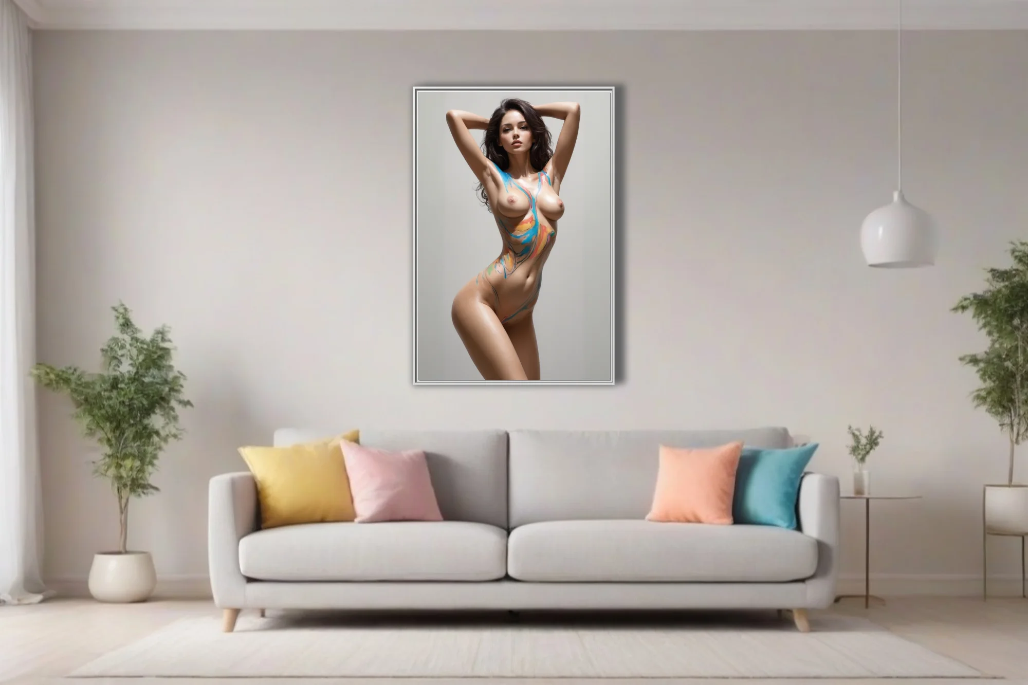 Body-paint figure study, vibrant abstract strokes on skin, neutral background