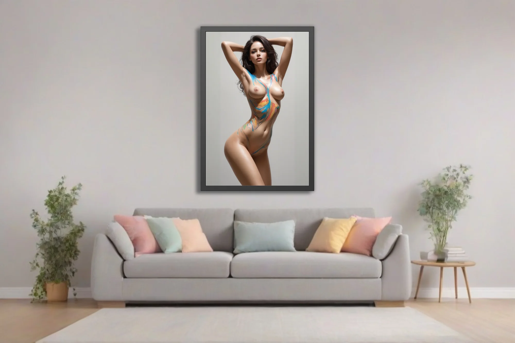 Body-paint figure study, vibrant abstract strokes on skin, neutral background