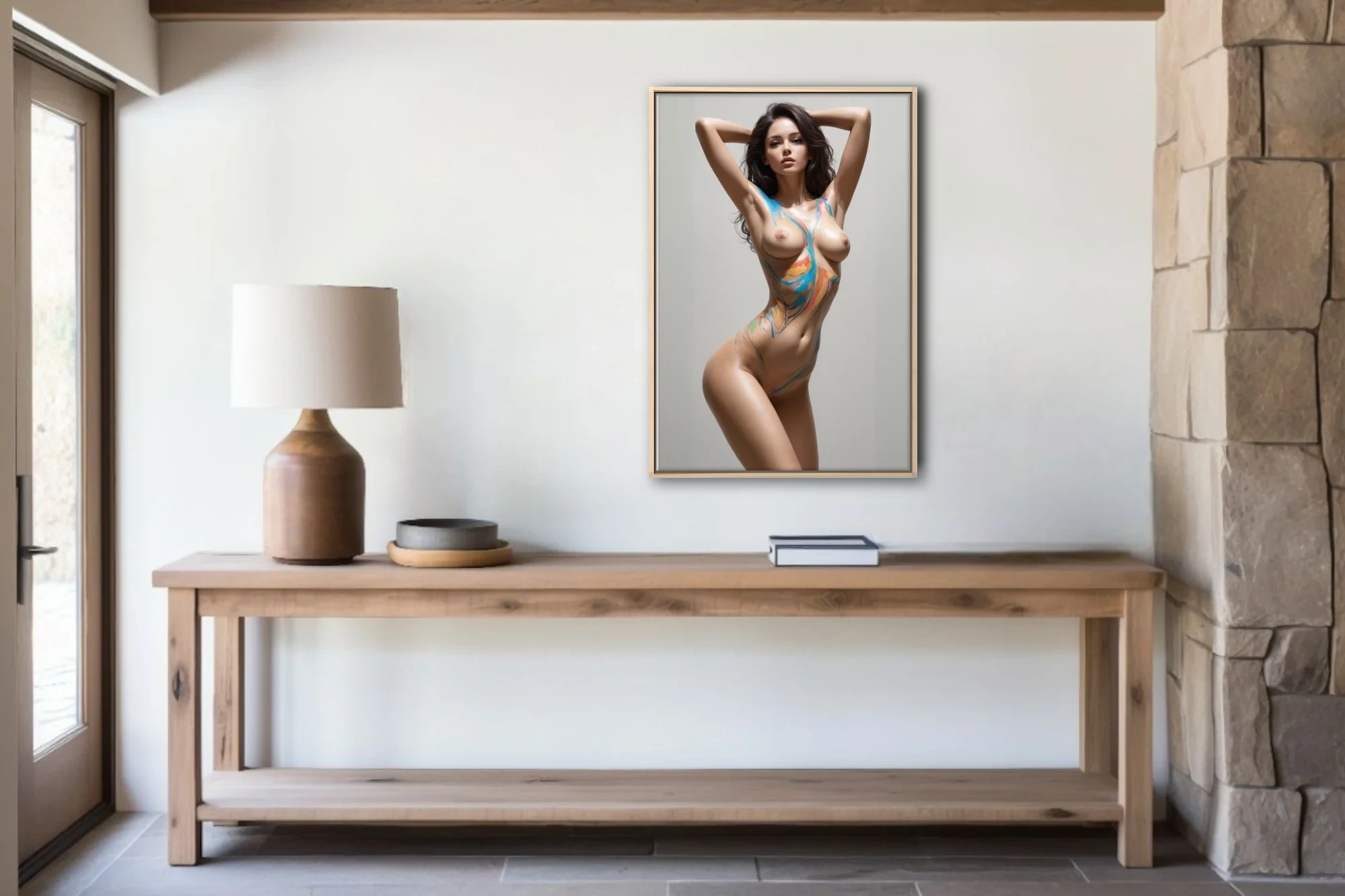 Body-paint figure study, vibrant abstract strokes on skin, neutral background