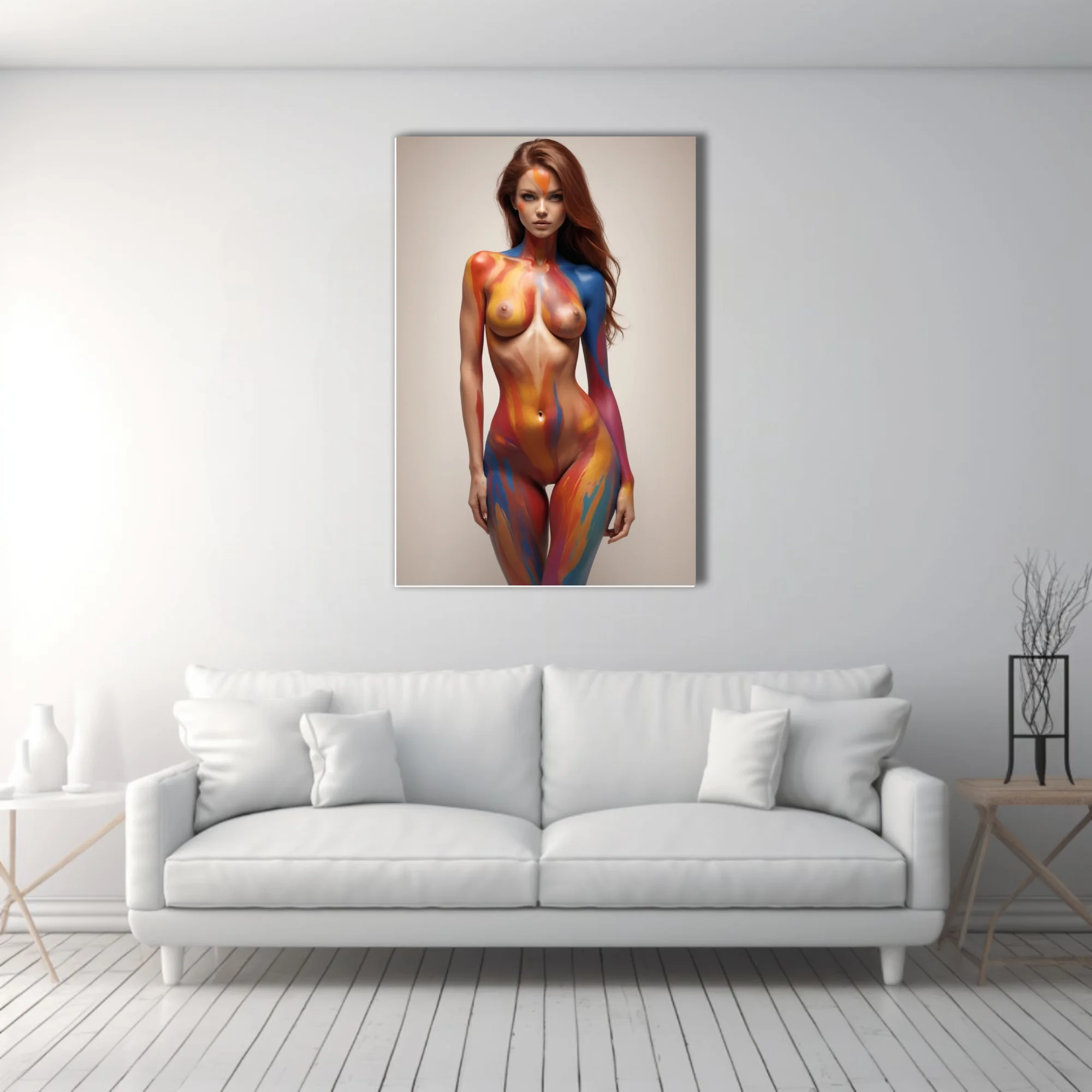 Body-paint figure study, vivid abstract swirls of red blue and amber on nude form