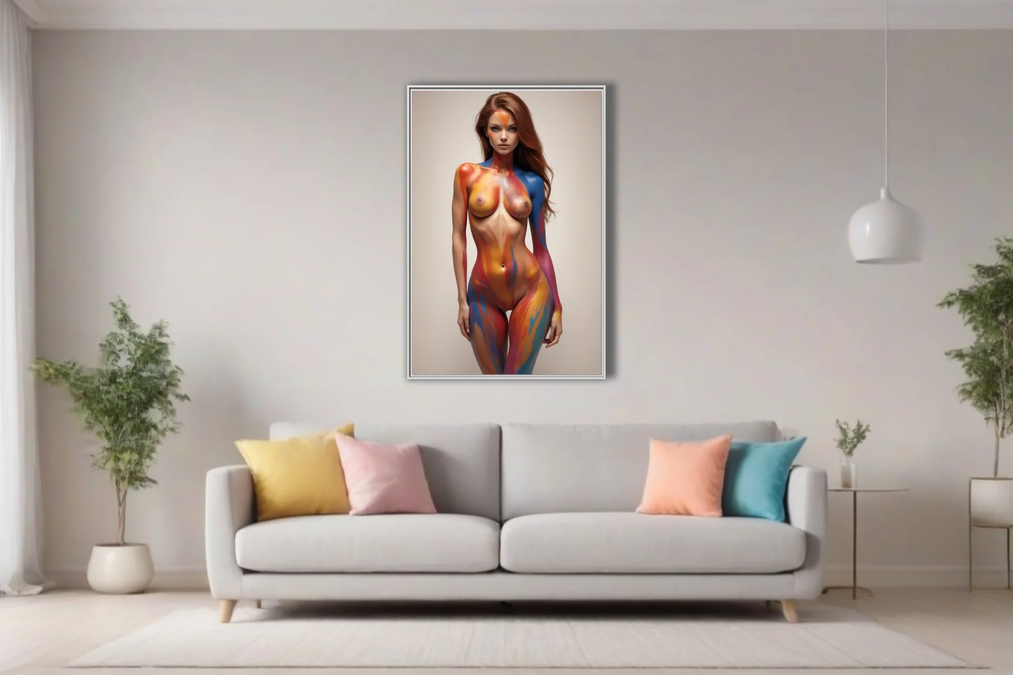 Body-paint figure study, vivid abstract swirls of red blue and amber on nude form