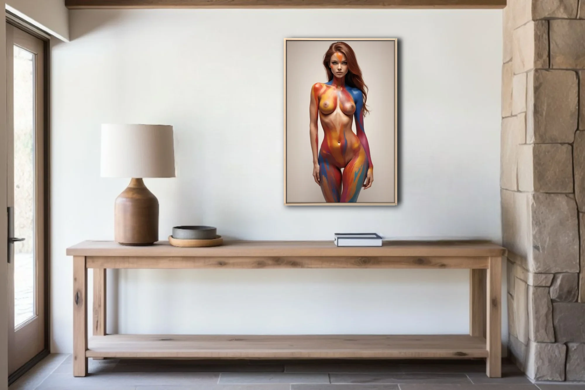 Body-paint figure study, vivid abstract swirls of red blue and amber on nude form