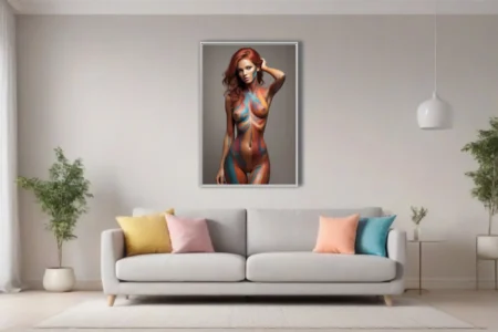 Body-paint figure study with teal orange coral swirl patterns on female form
