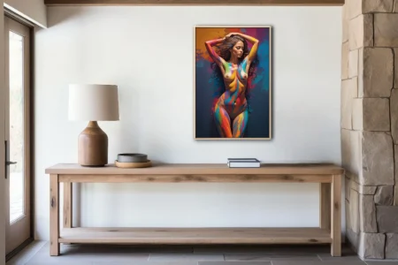Vibrant nude figure study with rainbow body-paint streaks on deep indigo, bold contemporary art