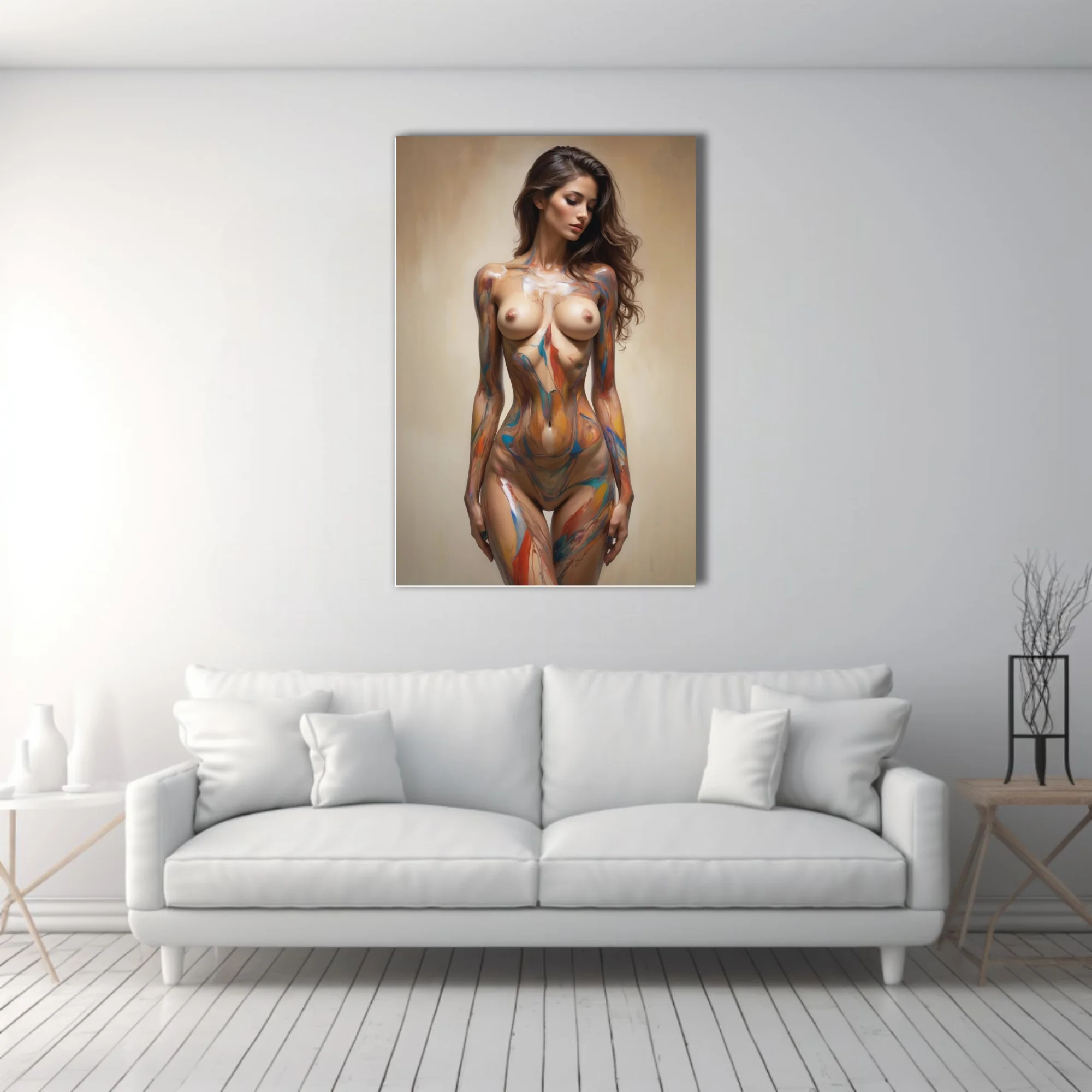 Nude figure study with swirling multicolor body paint, warm earthy tones