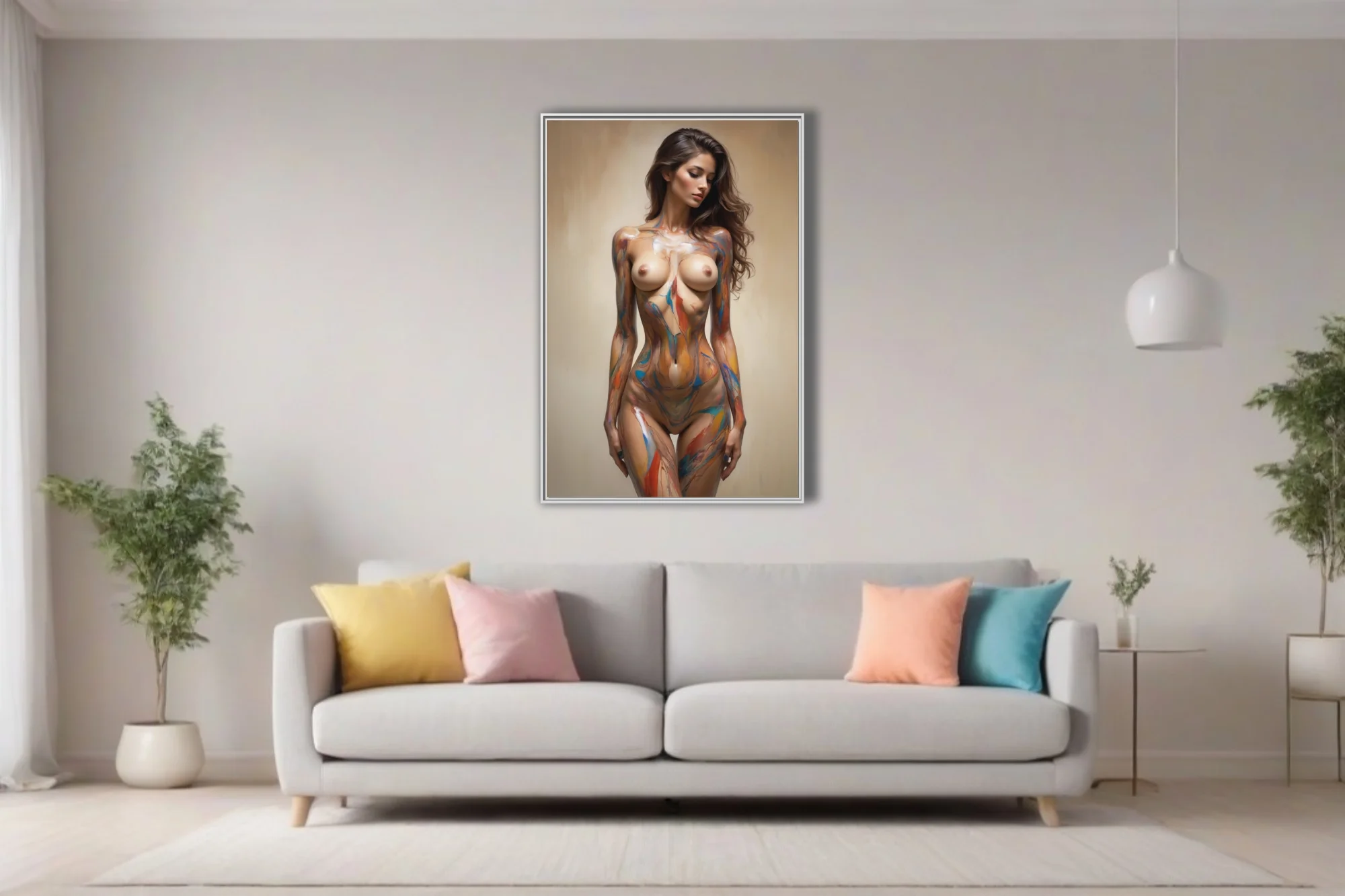 Nude figure study with swirling multicolor body paint, warm earthy tones